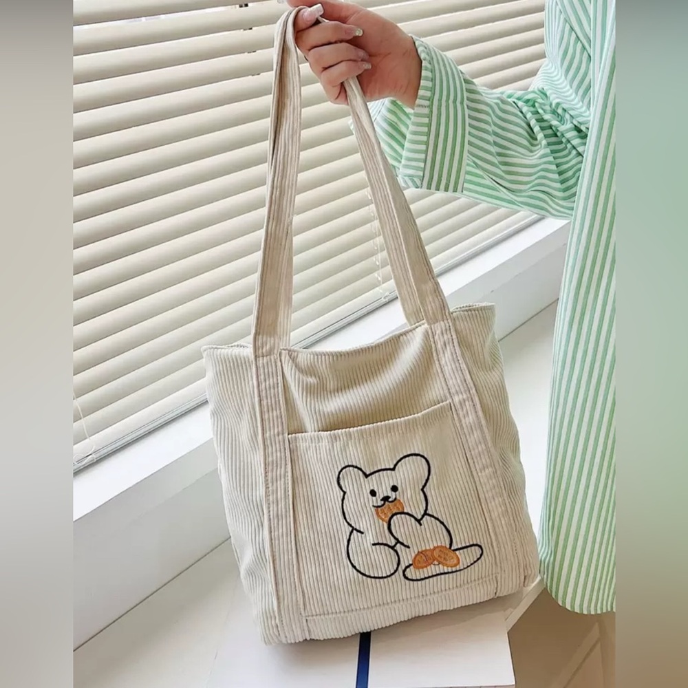 Cute Bear Embroidered Tote Bag - Cream